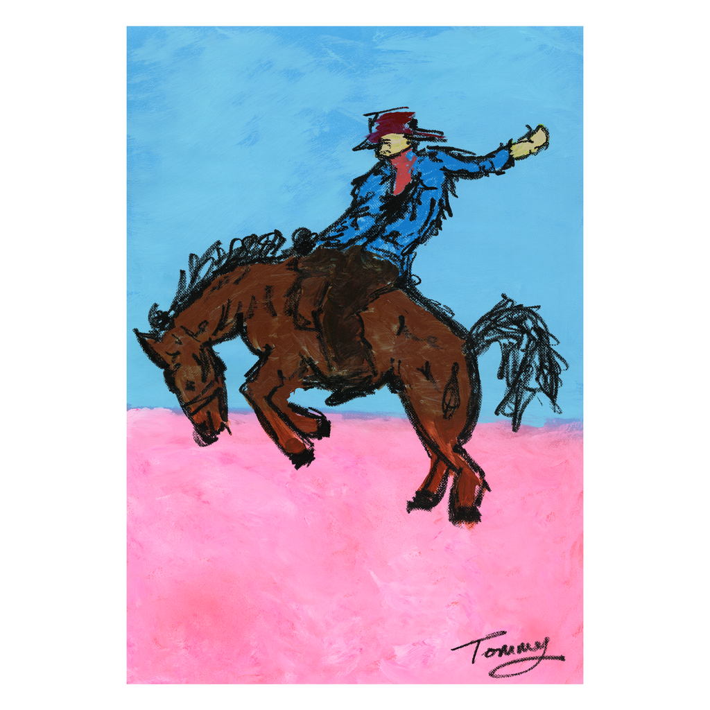 bronc rider blue pink sky modern western rodeo painting