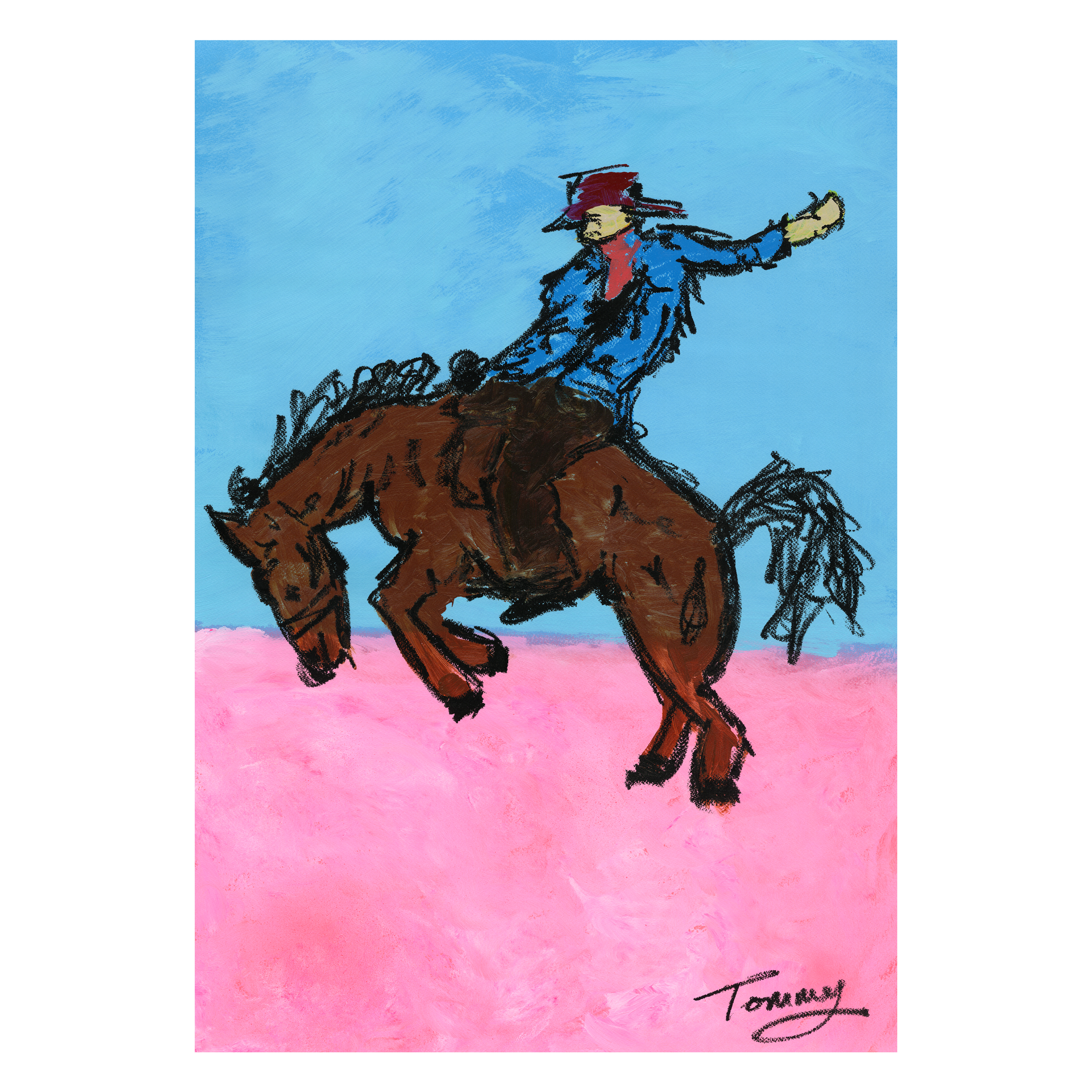 bronc rider blue pink sky modern western rodeo painting