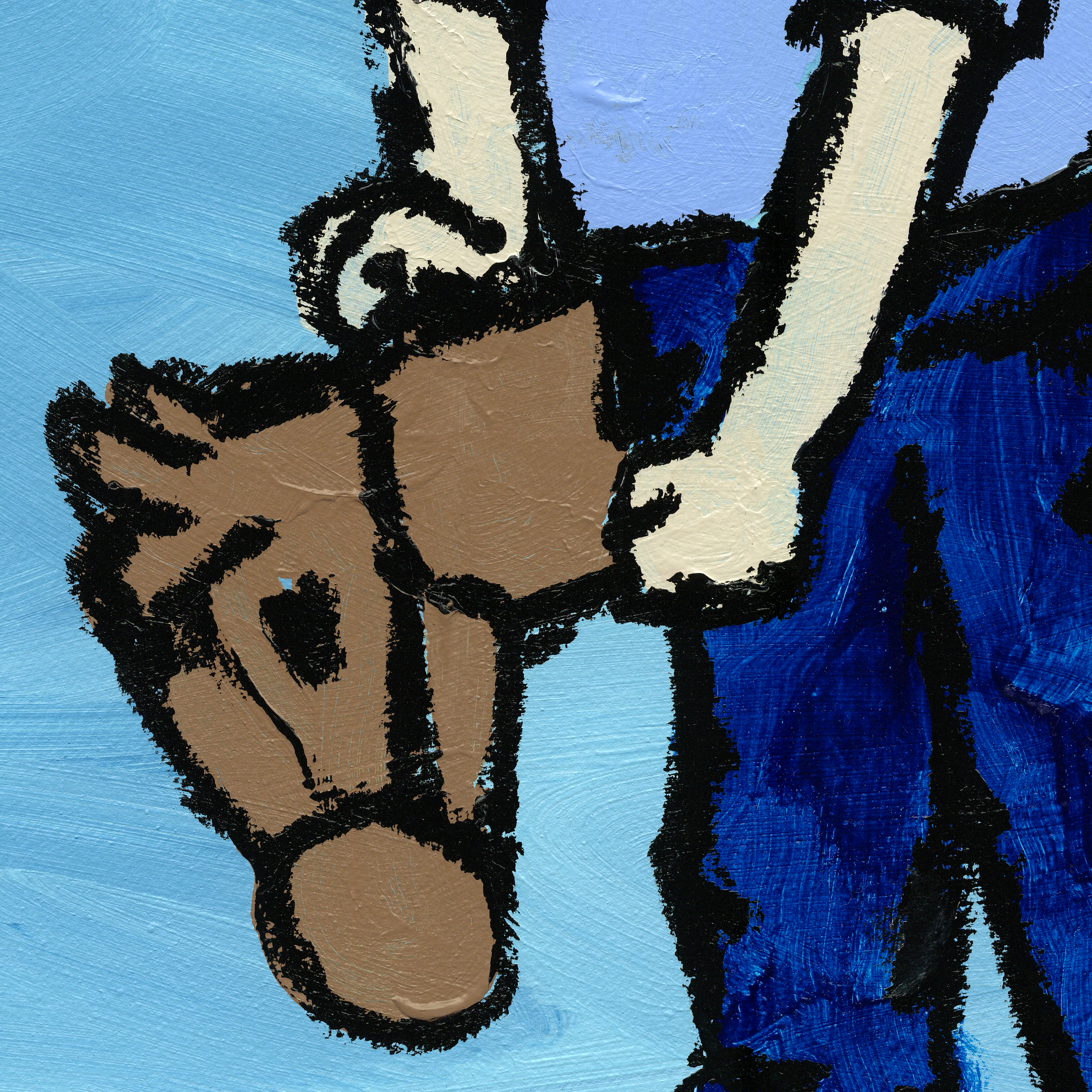 A close-up of a textured painting depicting a figure in blue clothing holding a brown horse or donkey head, rendered with thick black outlines and visible brushstrokes on a light blue background.
