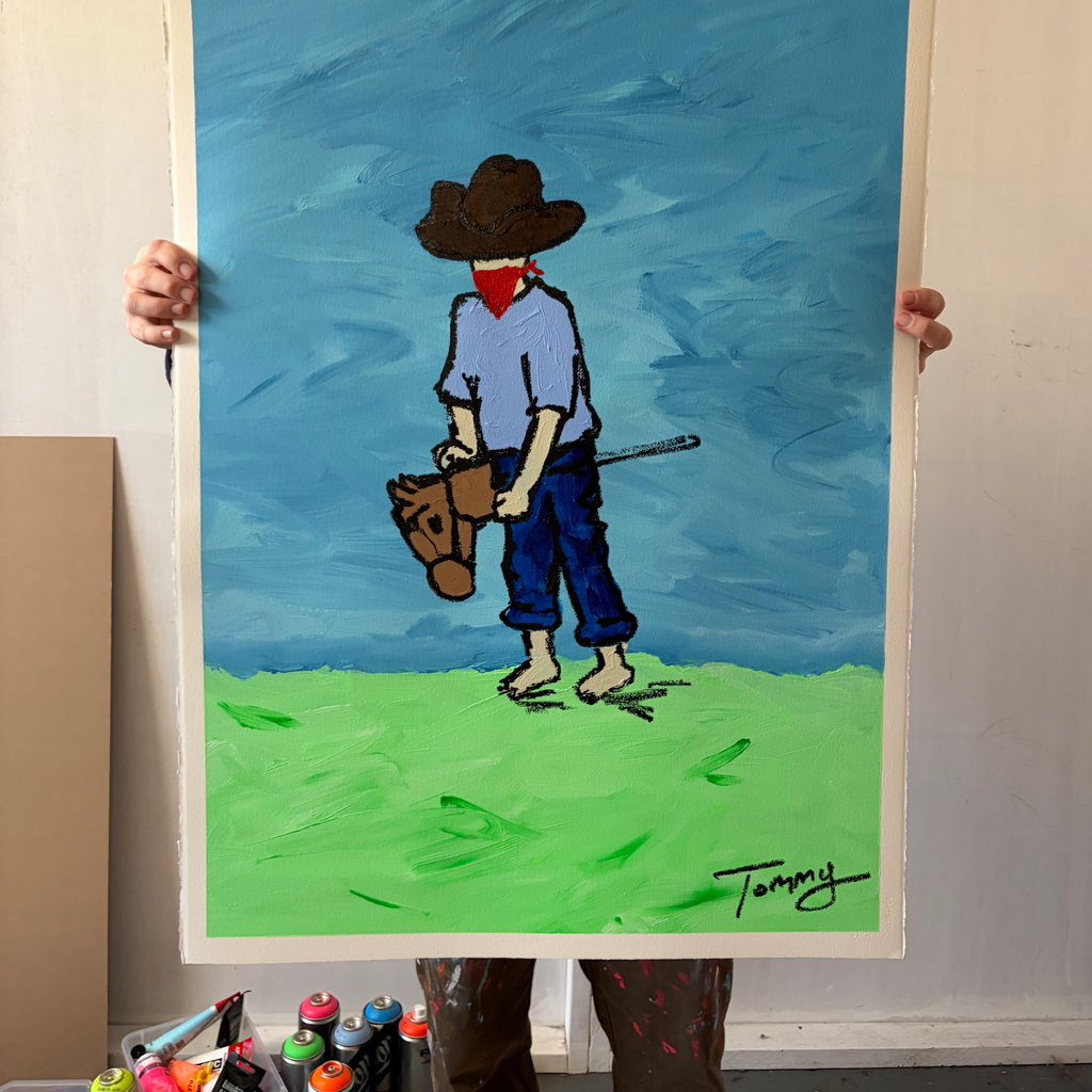 young boy hobby horse cowboy hat blue green western painting
