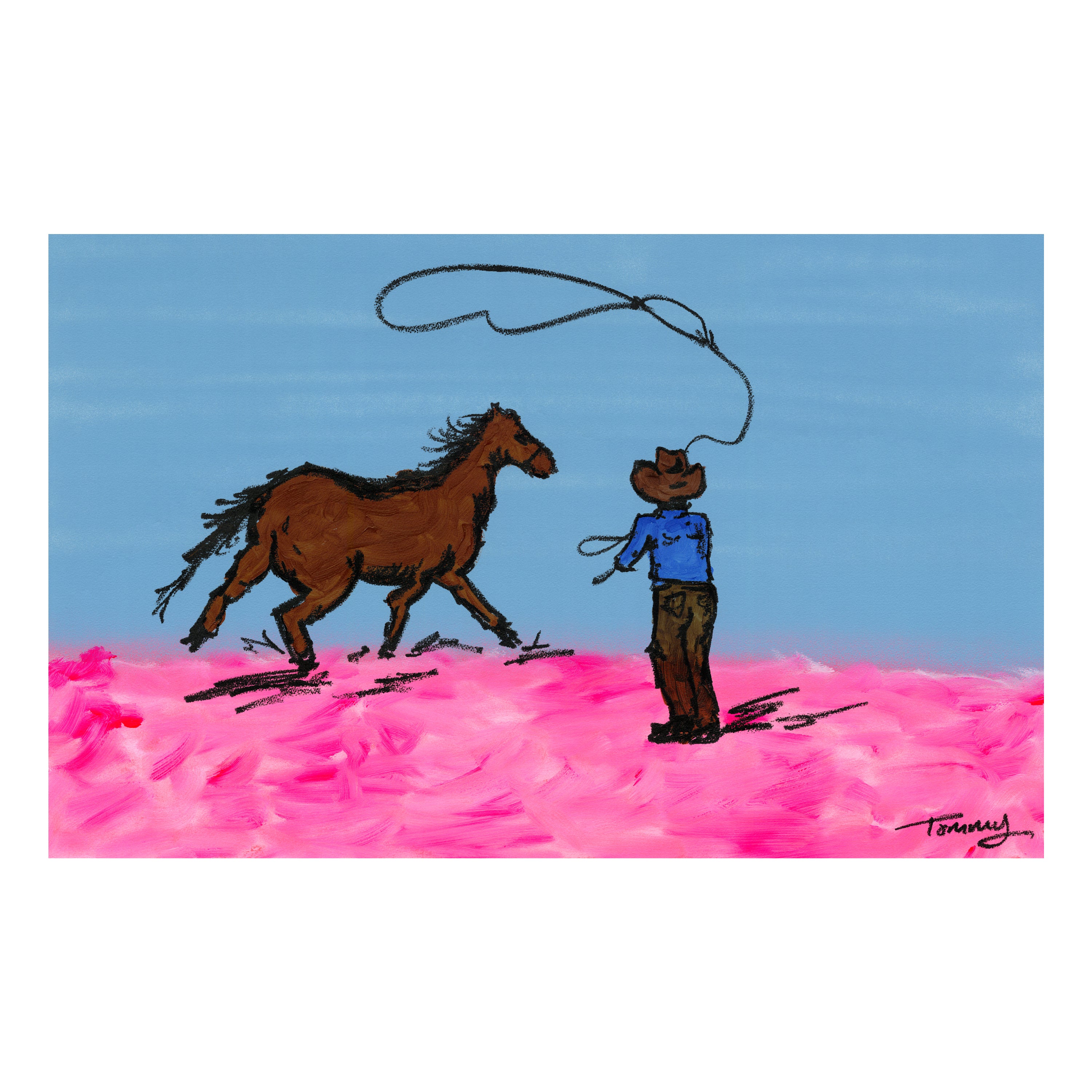 cowboy lassoing horse pink desert modern western painting