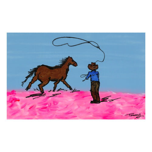 cowboy lassoing horse pink desert modern western painting
