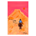 lone cowboy riding into canyon pink orange desert western painting