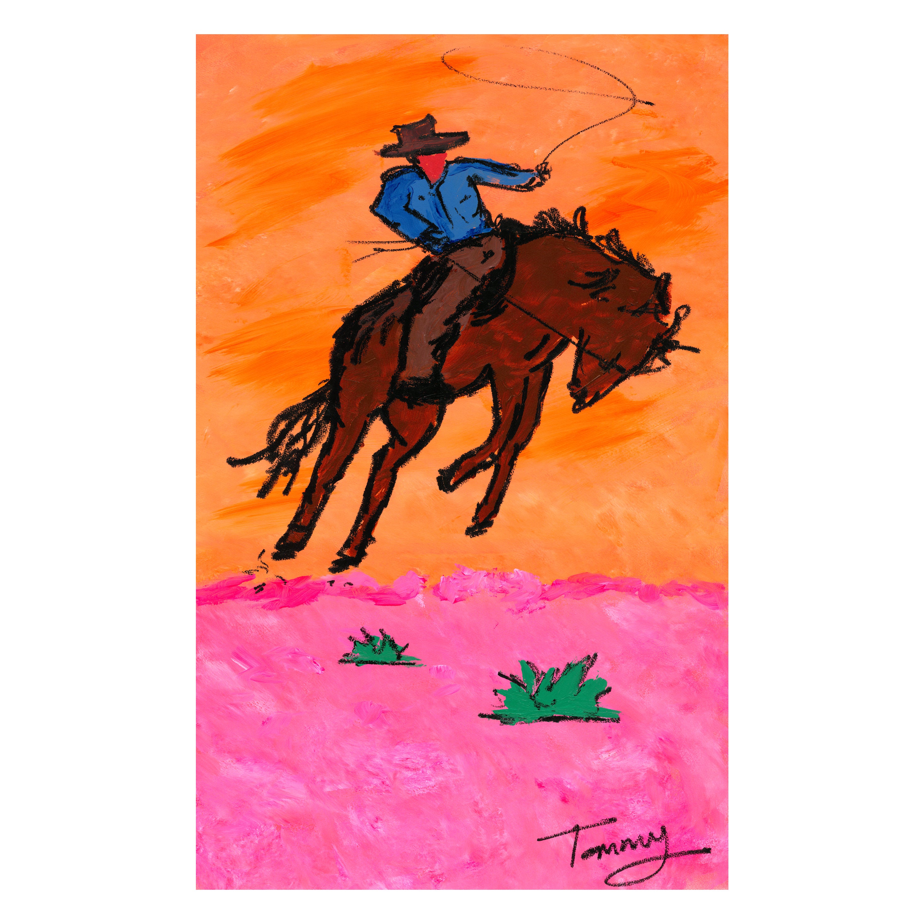 cowboy on bucking horse orange sky modern western painting