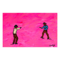 two cowboys standoff pink background modern western painting