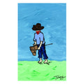 young boy hobby horse cowboy hat blue green western painting