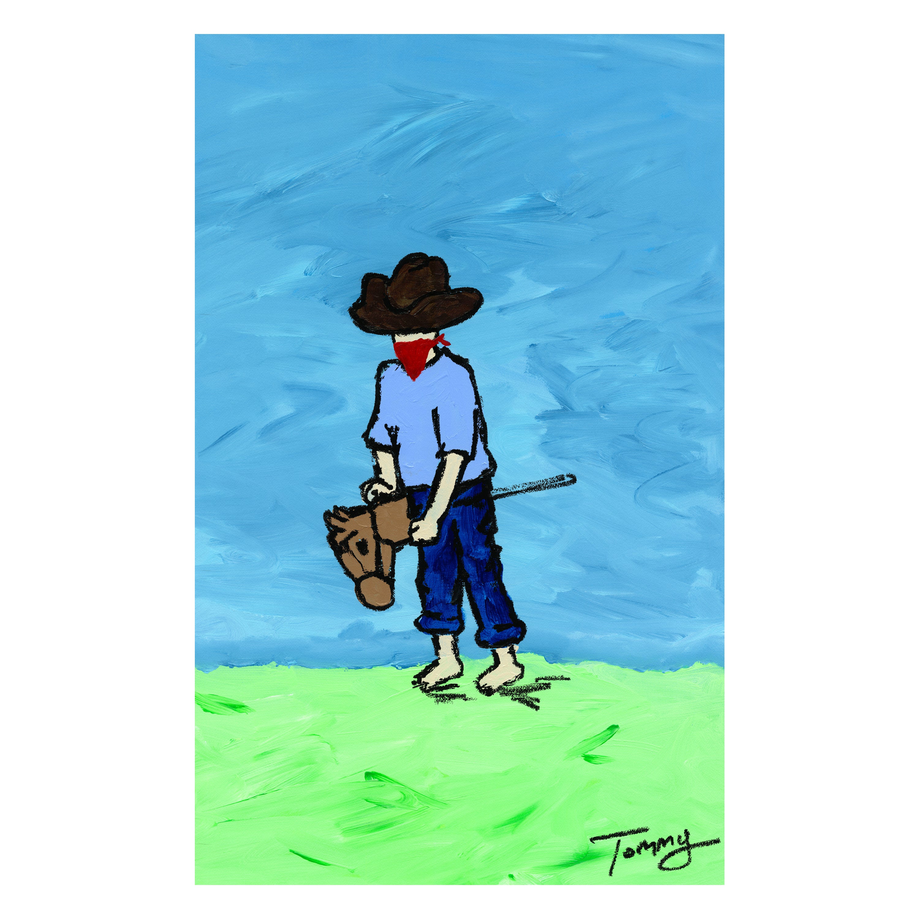 young boy hobby horse cowboy hat blue green western painting