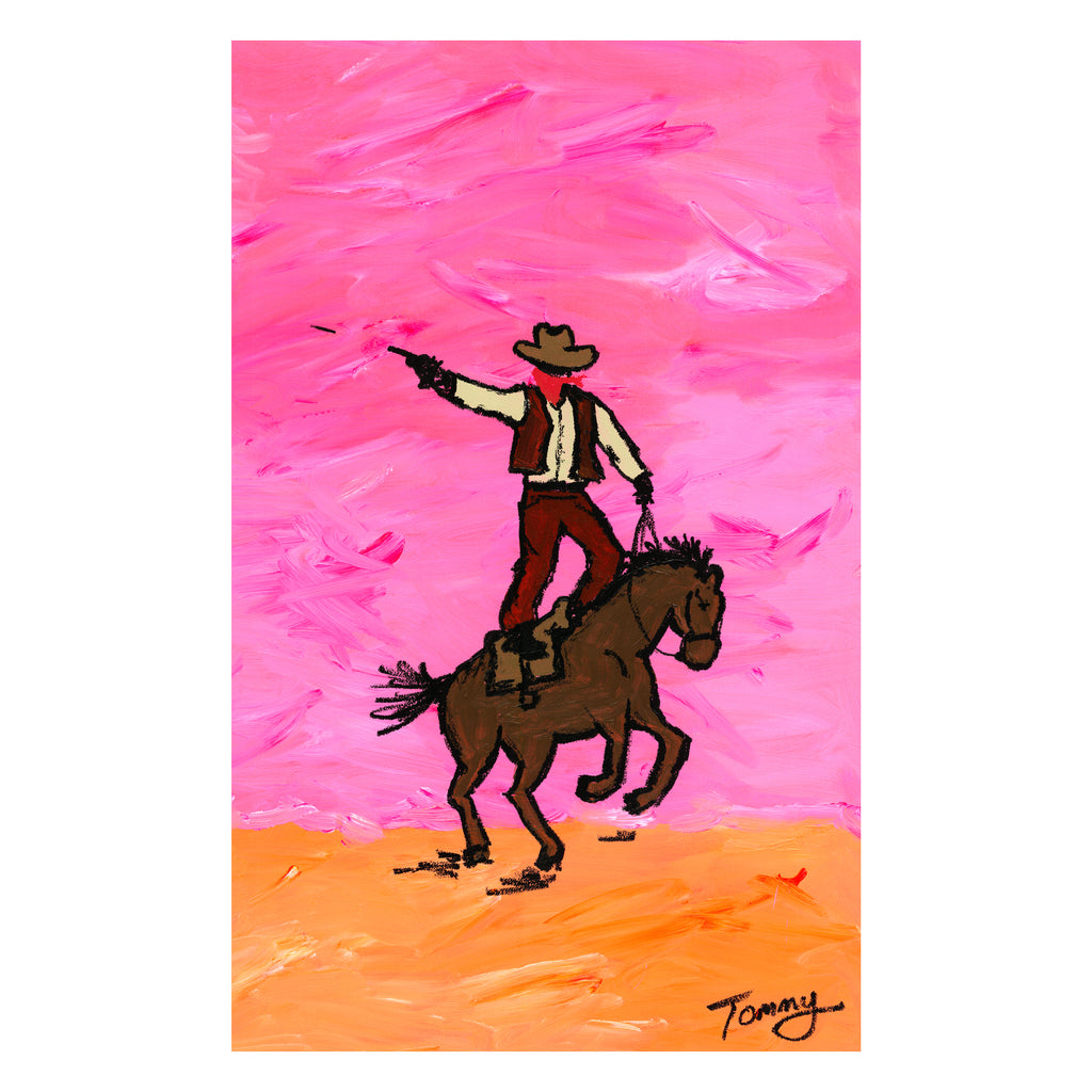 cowboy on horseback firing pistol pink sky western painting