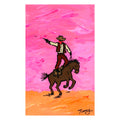 cowboy on horseback firing pistol pink sky western painting